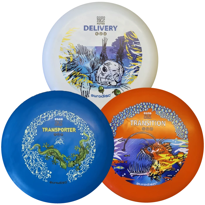 eurodisc® Disc Golf Beginner-Set 3 Discs, Design: Animals, SQU Standard Material White - Orange  - Blue